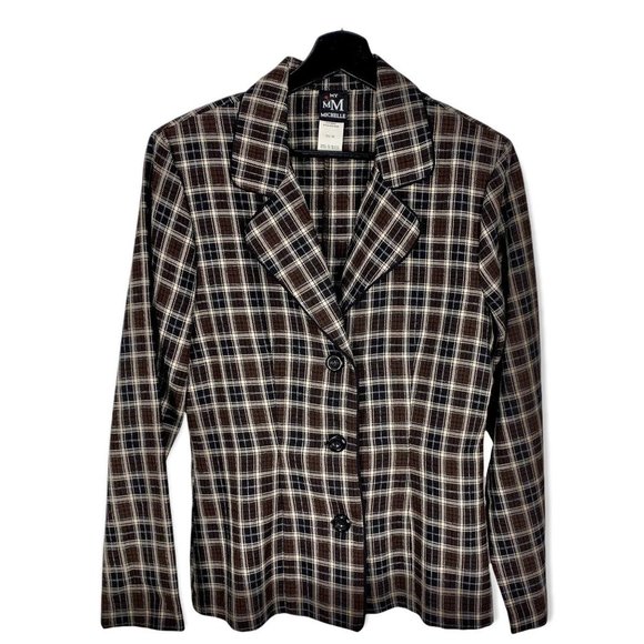 Vintage 90s My Michelle Brown Black Plaid Blazer Large - Picture 1 of 8